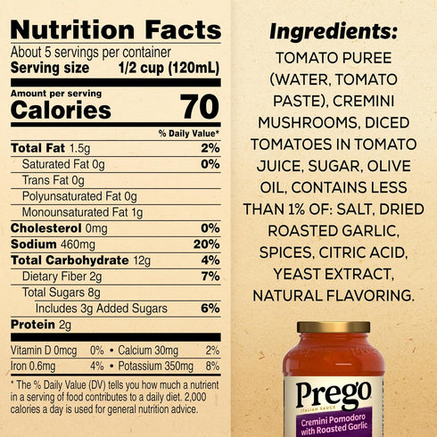 23.5 OZ (Pack 6) Prego Cremini Pomodoro With Roasted Garlic Pasta Sauce, Jar