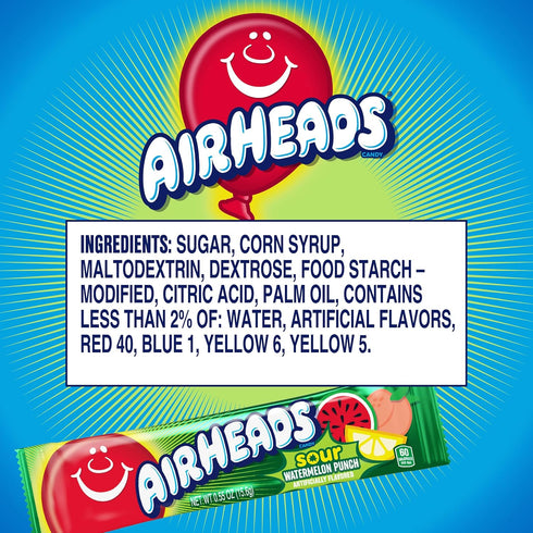 36 Count Airheads Sour Full-Size Candy Bars, Taffy, Sour Watermelon Punch, Individually Wrapped Candy