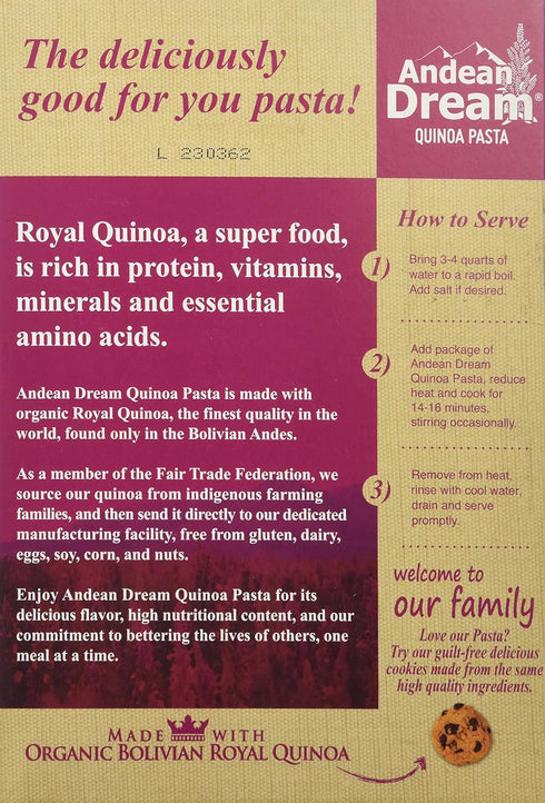 Andean Dream 8 oz Organic Quinoa Pasta Fusilli Gluten Free Box