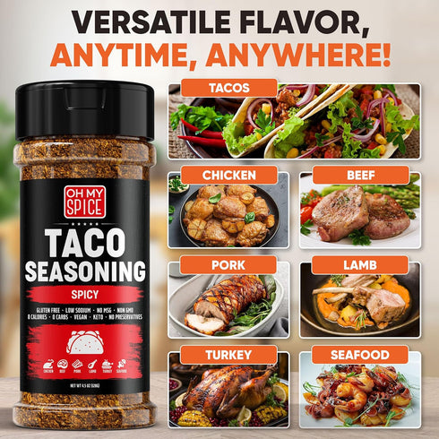 Taco Seasoning Mix, Spicy Chili Powder - Gluten Free & Low Sodium Mexican Seasoning Blend for Tacos