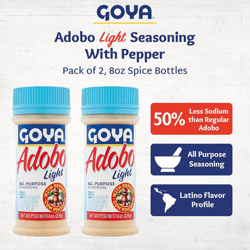 8oz. Pack 2 Adobo All Purpose Seasoning Light with Pepper by Goya, Poultry, Seafood, Meat, and Vegetable Seasoning