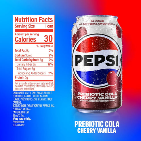 12 oz (8 Pack), 30 5g 5g Pepsi Prebiotic Cola, Cherry Vanilla, fl Cans Calories, Prebiotic Fiber, Sugar, Soda Pop Cola