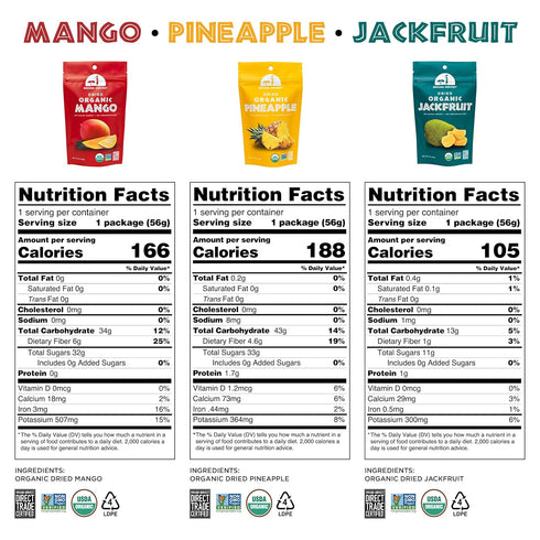Mavuno Harvest Organic Dried Fruit Variety Pack - Dried Mango, Pineapple, Jackfruit, Healthy Vegan Snacks, 2 Ounce,