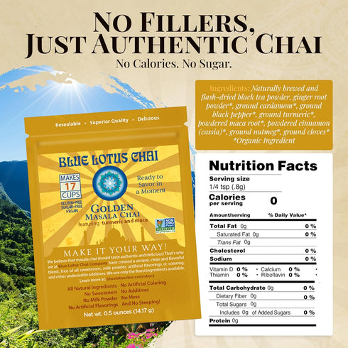 Blue Lotus Chai - Golden Masala Flavor Chai, Makes 17 Cups, 0.5 Ounce Masala Spiced Chai Powder, Instant Indian Tea