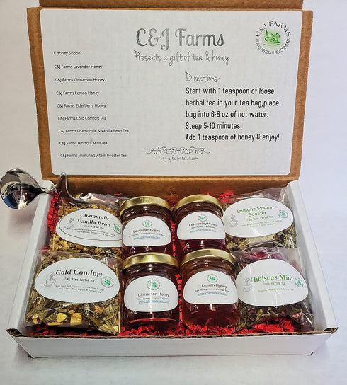 C & J Farms Set- 9 C&J Farms Texas Gourmet Artisan Seasonings A Gift of Tea and Honey Gift Piece Variety Sampler Box