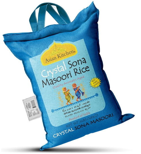 4-Pound 4lbs (1.81kg) Asian Kitchen Crystal Sona Masoori Aged Rice Bag, Short Grain Rice ~ All Natural | Gluten