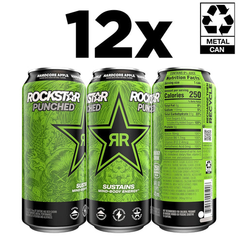 16oz (12 Pack) Rockstar Energy Drink Punched Hardcore Apple, Cans