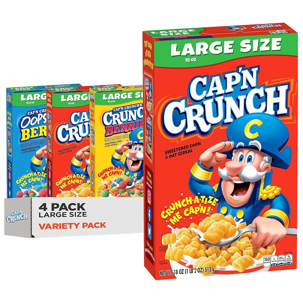 Cap'n Crunch Cereal, 3 Flavor Variety Pack, Large Size Boxes, (4 Pack)