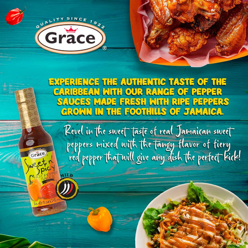 4.8oz 2 Pack Grace Sweet N' Spicy Hot Pepper Sauce - - Balanced Combination of Peppers - Caribbean Sweet Chili Wing