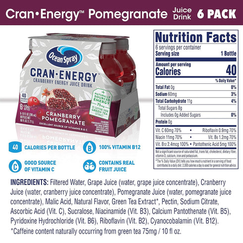 10 (Pack 6) Ocean Spray Cran-Energy, Cranberry Pomegranate Energy Juice Drink, Ounce Bottle
