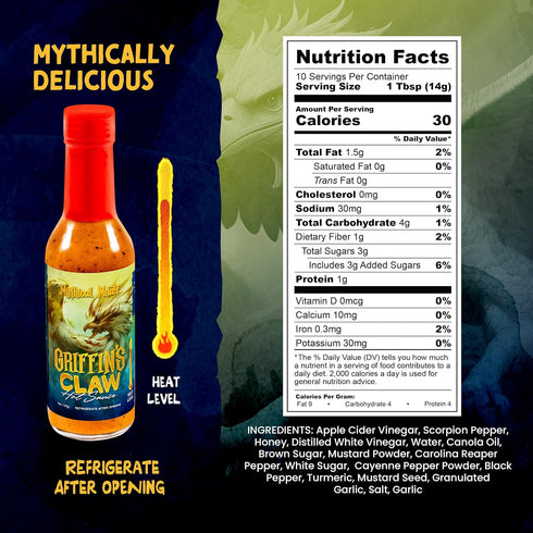 8/10 Mythical Meats Griffin's Claw Hot Sauce - Scorpion Pepper & Honey Mustard, Gluten Free, Non- GMO, Heat