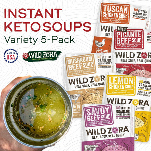 Wild Zora Instant Keto-Friendly Soups 5-Pack Variety, Broth with Grass-Fed Beef, Free-Range Chicken, Gluten-Free