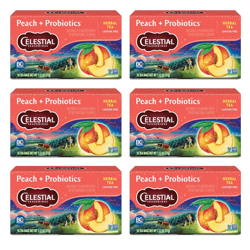 Celestial Seasonings Peach + Probiotics Herbal Tea, Caffeine Free, 16 Tea Bags