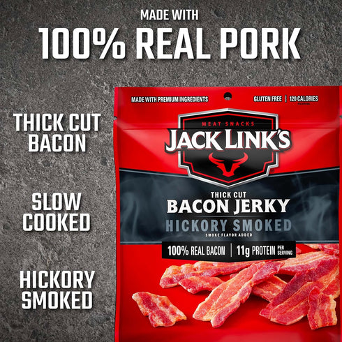 11g 100% 2.5 oz. (Pack 4) Jack Link's Bacon Jerky, Hickory Smoked - Flavorful Ready to Eat Meat Snack with of Protein