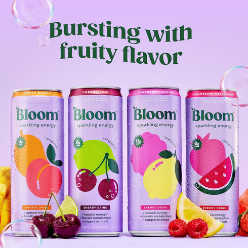 Pack 180mg 12oz 12 Pack Bloom Nutrition Sparkling Energy Drink - Variety - Natural Caffeine, Zero Sugar, Caffeine