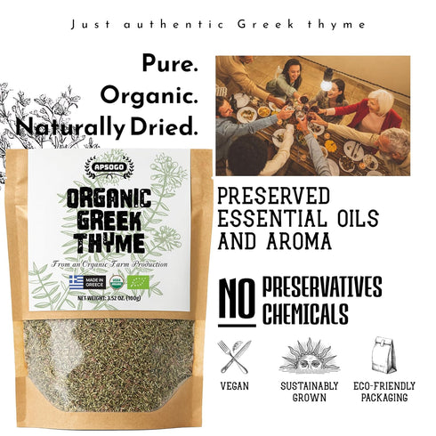(3.52 oz) 3.52 oz Apsogo Organic Greek Thyme Premium Dried Thyme Leaves from Greece Aromatic for Cooking, Tea