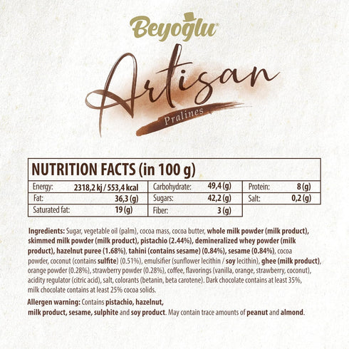 8 Count, 2.82 Oz Beyoglu Artisan Assorted Chocolate Pralines with Gourmet Fillings, Box