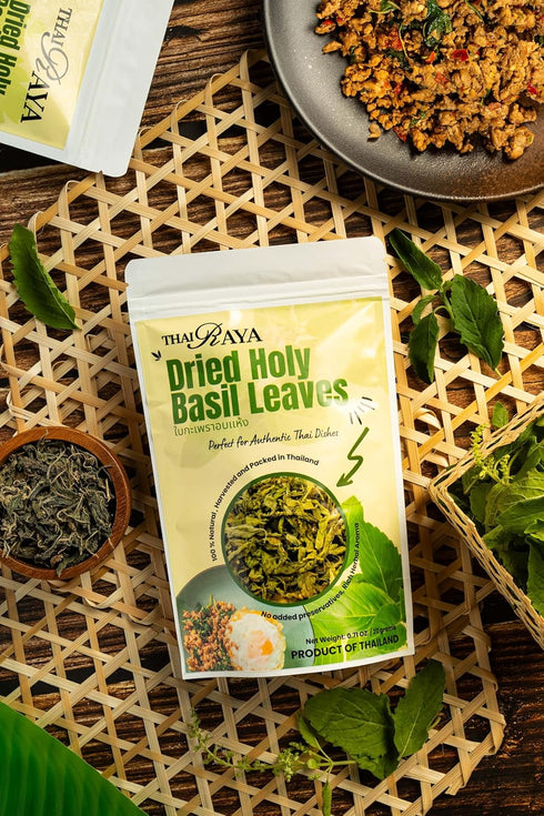 20 (0.71 OZ.) Pack 1 Thairaya Premium Dried Holy Basil leaves Kaprao Thai hearbs Natural Grams Product of Thailand thai