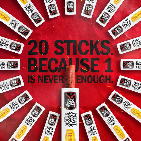 5g 0.8 Oz. (Pack 20) Jack Link's Classics Meat Sticks, Teriyaki - Protein Snack, Meat Snack Sticks with of Protein