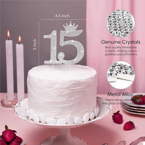 Number 15 Quinceanera Rhinestone Princess Crown Monogram Cake Topper for Sweet 15th Birthday Party (Silver)