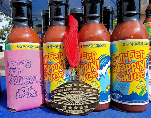 Sea Monster Sauces 1 1 1 Sampler - Bottle Surfer Slappin! Sauce - Bottle Danger Berry - Bottle Lift Up Hot Sauce