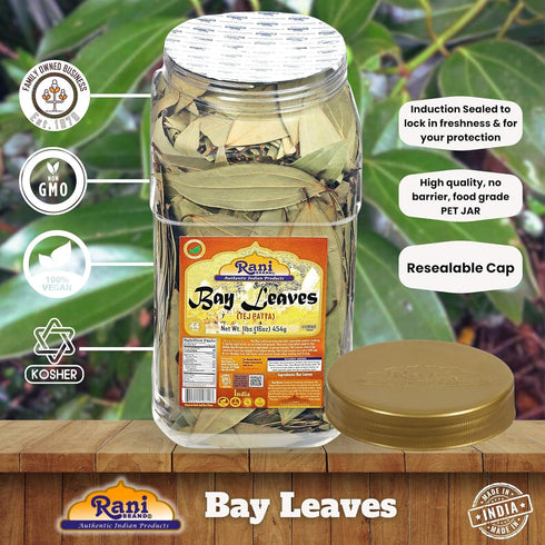 Rani Bay Leaf Whole Spice, Hand Selected Extra Large 16oz (1lb) Bulk PET Jar, All Natural, Vegan