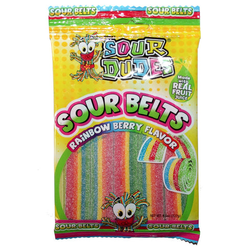 Sour Dudes (1) Bag Sour Belts - Rainbow Berry Flavor Made With Real Fruit Juice Sour & Sweet Candy - 4.5 oz