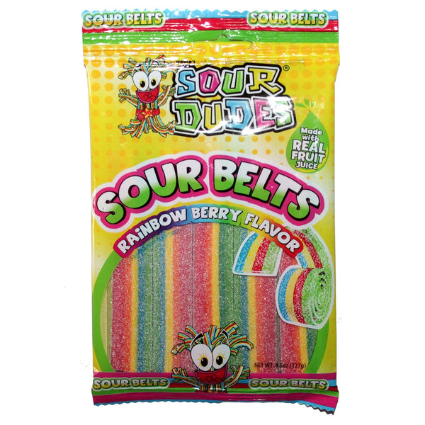 Sour Dudes (1) Bag Sour Belts - Rainbow Berry Flavor Made With Real Fruit Juice Sour & Sweet Candy - 4.5 oz