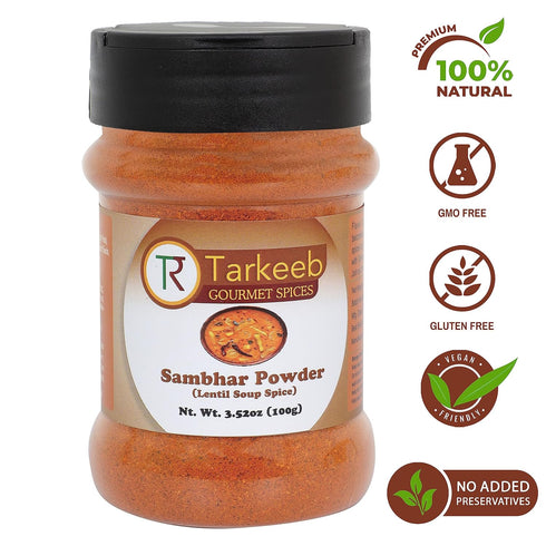 Tarkeeb Sambar Masala (Lentil Soup Spice Blend) South Indian 11-Spice Blend 3.52 oz (100g) Shaker Top PET Jar ~ All Natural | Vegan | No Colors | Gluten Free | NON-GMO | Indian Origin |