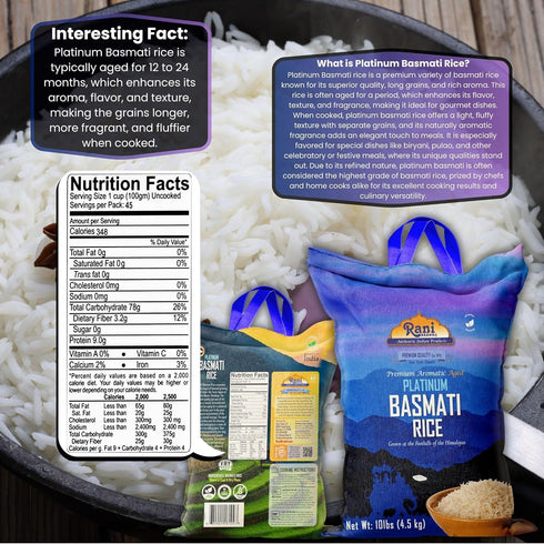 10-Pound 160oz (10lbs) 4.53kg Rani Platinum White Basmati Rice Extra Long Aged Bag, ~ All Natural | Gluten Friendly |