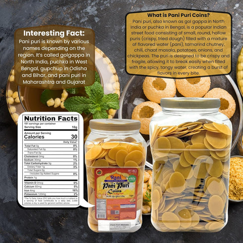 64oz (4lbs) (14-Spice 1.75oz (50g) Rani Pani Puri Coins (Uncooked, Microwaveable Wheat Semolina Coins) w/Pani Puri