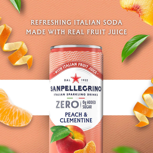 11.15 Oz (Pack 24) Sanpellegrino Zero Grams Added Sugar Italian Sparkling Drinks, Sparkling Peach Clementine Beverage