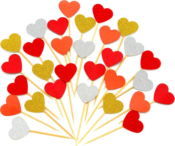 GUCUJI Cupcake Toppers 30Pcs Set, Funny Heart Glitter Mini Birthday Cake Decorations for Party Accessories