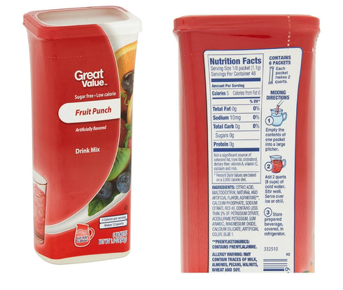 Great Value 3 Drink Mix, Sugar Free, Fruit Punch, Cherry and Grape Bundle of flavor Canisters. (Canister Designs May