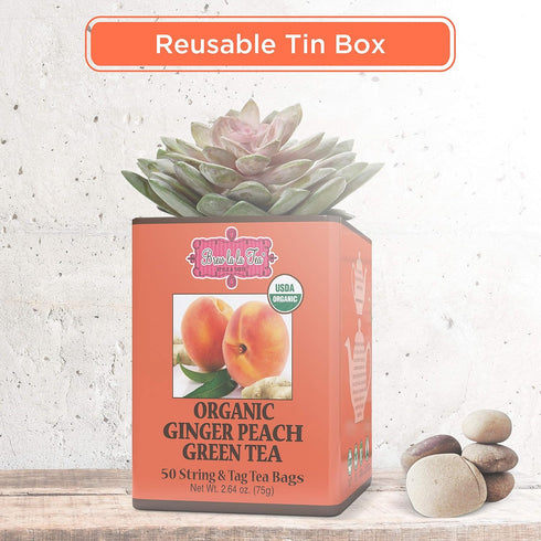 50 Brew La La Organic Green Tea - Natural Ginger Peach Flavor - Double Chambered Tea Bags - Low Caffeine - USDA