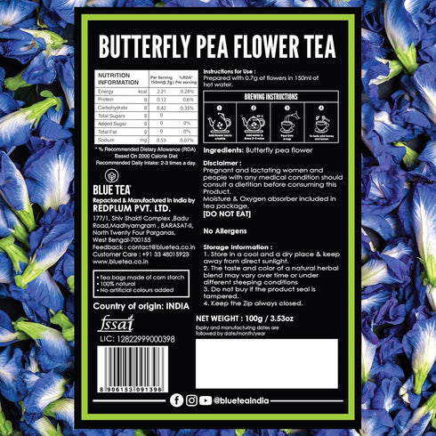 BLUE TEA Butterfly Pea Flower Tea, 3.52 Oz Loose, Antioxidant Rich, Caffeine Free Detox Tea