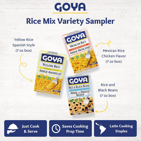 7 oz Goya Rice Mix Variety Sampler, Yellow Rice Spanish Style, Mexican Rice Mix Chicken Flavor, White Rice & Black
