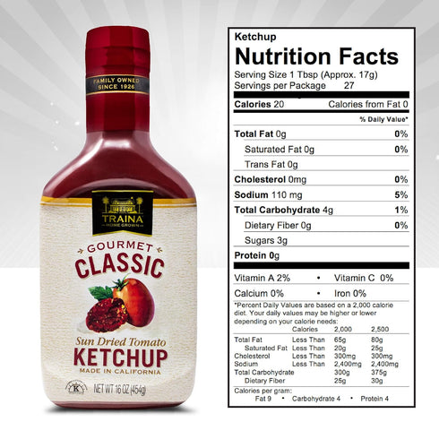 16 oz Traina Home Grown Gourmet Classic Ketchup - No Corn Syrup, Non GMO, bottle