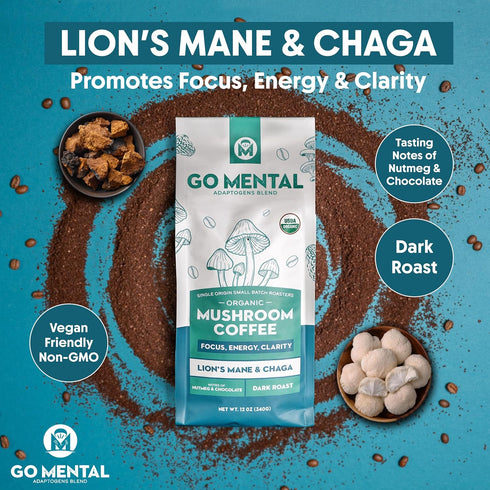 Immune Wellbeing, 1 12oz (2 Pack) Organic Lion's Mane and Chaga Mushroom Coffee Dark Roast, Full Fruiting Bodies