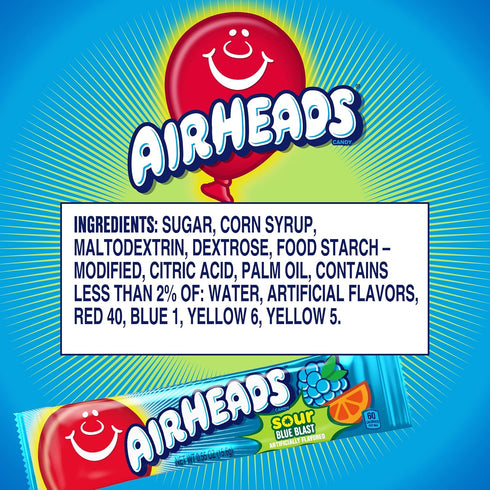 Pack 36 Airheads SOUR Candy Bars, Sour Blue Blast Flavored, Bulk, Concessions, Parties, of Bars