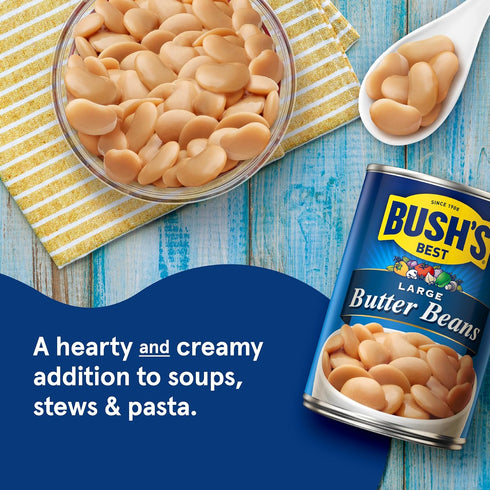 16 oz (Pack 12) BUSH'S BEST Canned Large Butter Beans, Source of Plant Based Protein and Fiber, Low Fat, Gluten Free