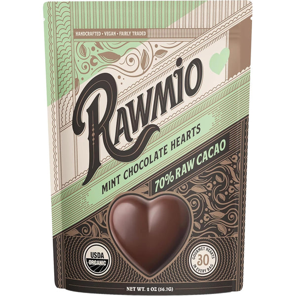 Rawmio Mint Chocolate Hearts, 70% Cacao - 2 Oz - Raw, Organic,