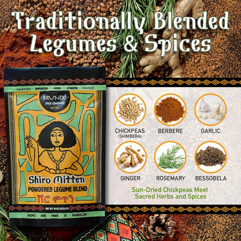 1lb/16oz Brundo Spice Company Ethiopian Shiro Mitten Spicy Chickpea (Shimbera) Legume Blend Imported from Ethiopia