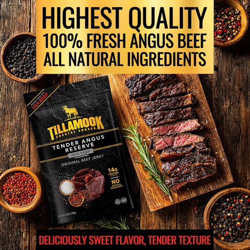 Country 6 oz, 14g Tillamook Smoker Tender Angus Reserve Original Beef Jerky, Real Hardwood Slow-Smoked USA Angus Beef