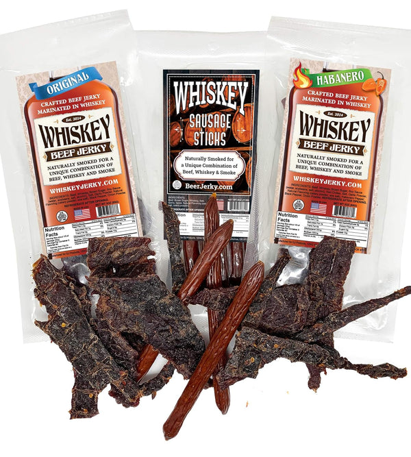 BeerJerky.com, Beef Marinated in Whiskey and Sausage Sticks Marinated in Whiskey, Variety