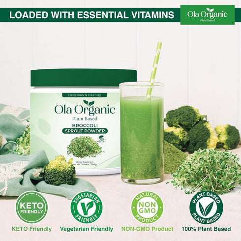 Ola Organic (300g Broccoli Sprout Powder Sulforaphane-Rich Superfood with Vitamins & Minerals Supports Daily Wellness