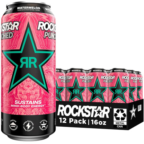 Rockstar Energy Drink Punched Watermelon, 16oz Cans (12 Pack) (Packaging May Vary)