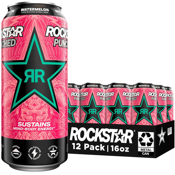 Rockstar Energy Drink Punched Watermelon, 16oz Cans (12 Pack) (Packaging May Vary)