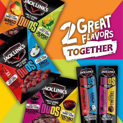 10g 100% Package, 1.84oz (10 Pack 2 Jack Link's DUOs Beef Jerky Meat Snack Sticks with Protein Original & Teriyaki