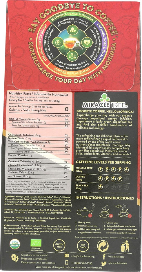 Miracle Tree's Moringa Energy Tea, Cherry Chamomile Tea, Super Caffeinated Blend, Organic Certified, 16 Pyramid Sachets